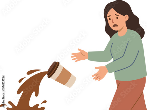 Woman accidentally spills coffee while expressing shock and sadness indoors