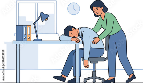 Woman helping a sleeping man at office desk with clock