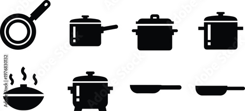 Cooking utensils and cookware silhouette vector icon set featuring frying pan saucepan stock pot pressure cooker wok and kitchen pots isolated on white background