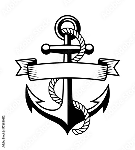 Black Anchor With Rope and Banner Emblem Nautical Symbol Isolated White Background