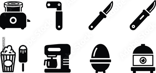 Kitchen appliances and snack items silhouette vector icon set featuring toaster coffee maker knife egg popcorn ice cream and blender isolated on white background