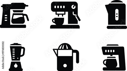 Kitchen appliances silhouette vector icon set featuring coffee maker espresso machine kettle blender juicer and mixer isolated on white background