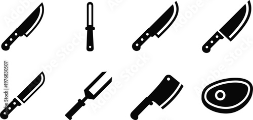 Kitchen knives and meat silhouette vector icon set featuring chef knife carving knife boning knife sharpening steel cleaver fork and steak isolated on white background