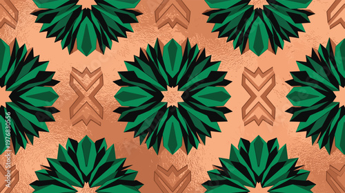 A bold seamless pattern features symmetrical, spiky dark green succulent rosettes arranged on a textured metallic copper background with subtle embossed shapes.