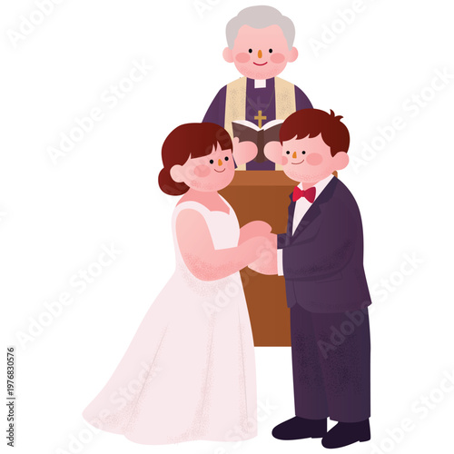 Wedding Season Illustration. Vector illustration of Bride and groom holding hands during ceremony with priest officiating wedding. Isolated on background