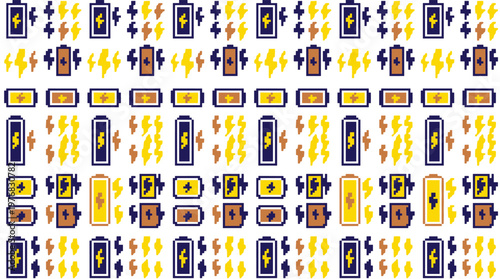 A retro pixel art pattern displays various batteries in different charge levels alongside yellow lightning bolt symbols, all arranged in neat rows on a white background.
