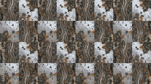 A highly detailed seamless pattern presents a grid of textured squares showing corroded, pitted, and polished metal surfaces with wavy, geological layers.