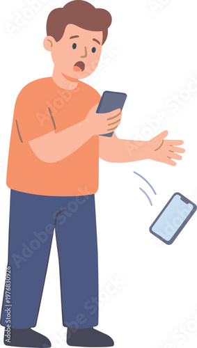 Man drops phone in shock outdoors with worried expression