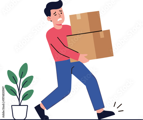 Man struggles to carry heavy boxes in an indoor setting with a plant