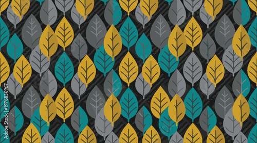 A stylish and modern seamless pattern features a dense arrangement of overlapping stylized leaves in a sophisticated palette of mustard yellow, teal, and grey on a dark background.