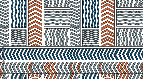 A contemporary geometric seamless pattern features a patchwork of rectangles with bold chevron and wavy line designs in a sophisticated blue, orange, and grey palette.