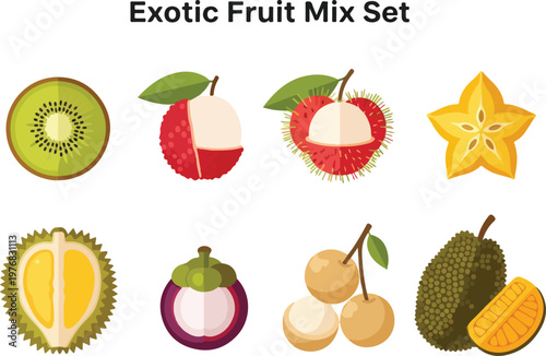Exotic Fruit Mix Set featuring Lychee, Rambutan, Star Fruit, Durian, Mangosteen, Longan, Jackfruit, and Kiwi