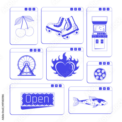 Nostalgia lifestyle neo brutalism line popup windows. Arcade hobby. Roller skates. Ferris wheel. Heart berries. Koi fish. Interface element in neubrutalism outline style. Monochrome Y2K UX design