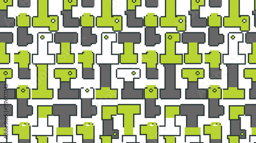 A playful and retro seamless pattern is composed of interlocking pixelated block shapes in a vibrant color scheme of lime green, grey, and white on a clean grid.