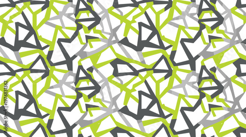 An energetic and abstract seamless pattern features sharp, fragmented geometric shapes in a striking color combination of lime green, grey, and white for a modern look.