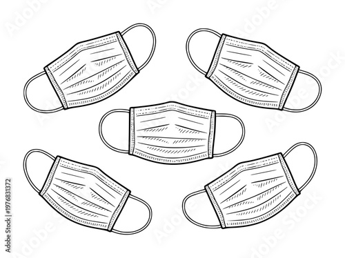 Hand drawn of medical face masks arranged in a scattered pattern a white background