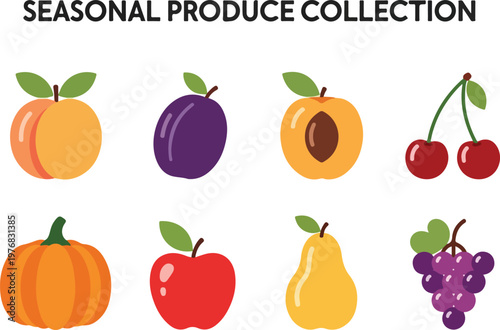 Seasonal produce collection featuring a variety of fruits and vegetables including pumpkins, apples, and cherries