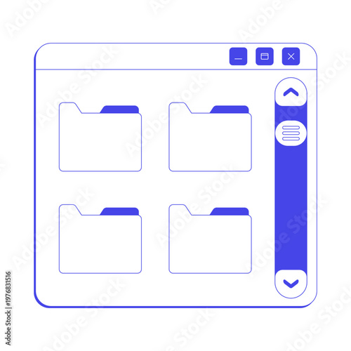 Multiple folders with scroll bar neo brutalism line popup window. Directory browsing. File organization. Storage navigation. Interface element in neubrutalism outline style. Monochrome Y2K UX design