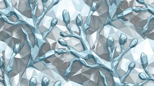 A striking seamless pattern displays icy blue low-poly tree branches with a distinct crystalline structure against a fractured geometric background of cool greys.