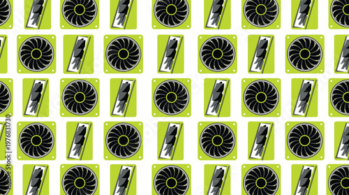 A technical seamless pattern features a grid of alternating computer cooling fans and RAM memory sticks illustrated in a vibrant lime green, black, and grey color palette.