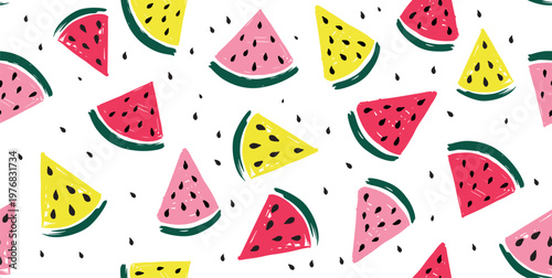 Watermelon pink, red, yellow slice on white background, hand drawn illustration.