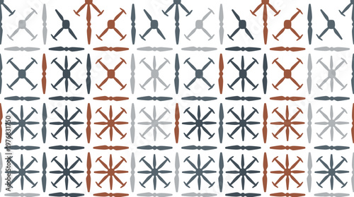 A rustic seamless pattern displays a grid of hand-painted abstract asterisk and cross shapes using textured brush strokes in muted slate, rust, and grey tones on white.