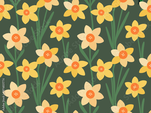 Seamless pattern of yellow and pale orange daffodils with green stems a dark green background