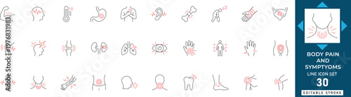 Body pain line icon set featuring muscle, ache, symptom, joint, anatomy, medical, and health. Professional editable vector illustration.
