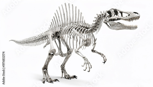 3D Rendered Spinosaurus Dinosaur Skeleton Fossil with Dorsal Spine Sail on White Background, Prehistoric Carnivore Bone Structure Museum Display