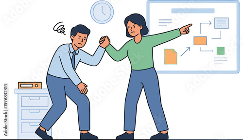 Two office colleagues engage in a playful argument near a presentation board