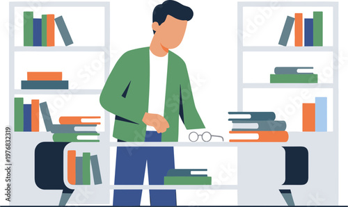 Man studying books on desk in library with shelves