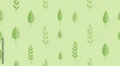Seamless pattern with simple green leaves on a light green background, botanical illustration for textile, wallpaper, or wrapping paper design