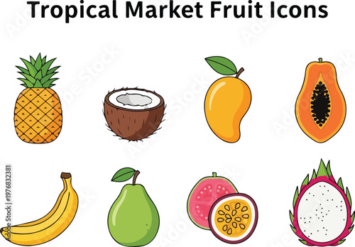 Set of tropical market fruit icons including pineapple, coconut, mango, papaya, banana, guava, passion fruit, and dragon fruit