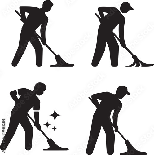 Man cleaning floor with mop and bucket worker doing janitorial chores at home.