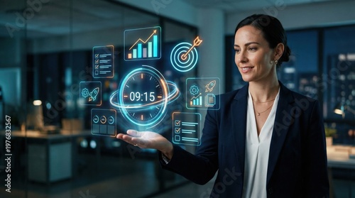 Businesswoman using virtual clock interface for time management and productivity concept