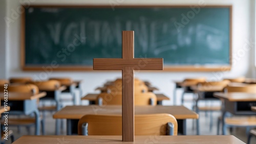 Cross on desk, empty classroom, school desks, christian symbol, education space