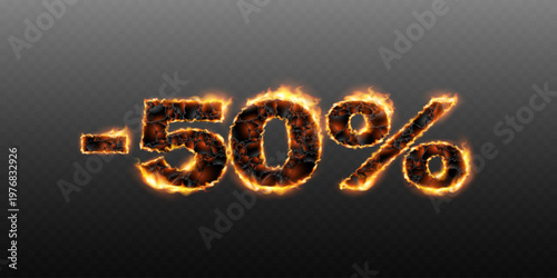 Burning lava -50% discount sign with fire glow and cracked texture