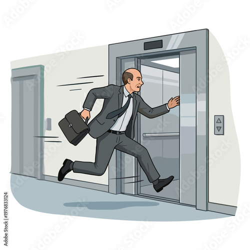 Businessman rushing into office elevator with briefcase in hand quickly