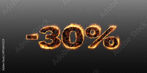 Burning lava -30 percent sign with fiery glow and cracked texture on transparent background.