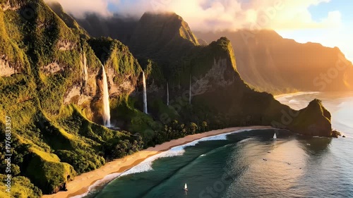 A breathtaking aerial view showcases the dramatic cliffs, lush vegetation, and cascading waterfalls of the Na Pali Coast in Kauai, Hawaii, bathed in the warm glow of the setting sun.