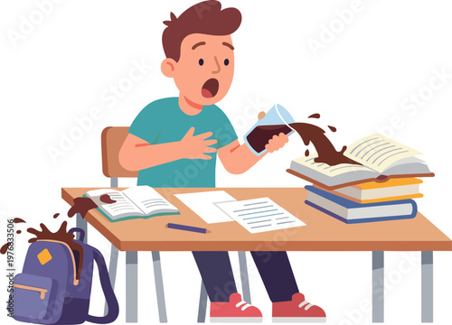 A student sits at a desk, shocked by coffee spilling on books and papers.