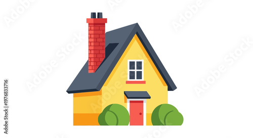 Colorful cartoon house with red chimney and door on white background