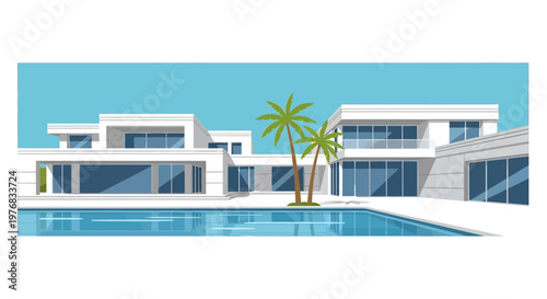 Modern white house with pool and palm trees in tropical setting luxury vacation home