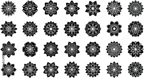 Collection of black and white floral mandala on white background pattern