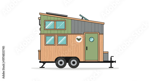 Tiny house on wheels with green door and solar panel on roof eco friendly mobile home