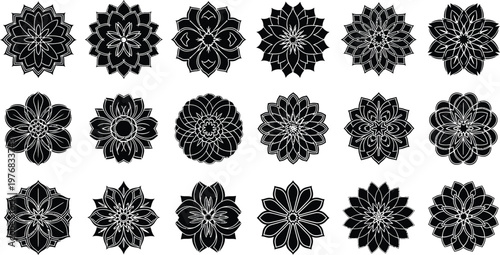 Collection of black and white floral mandala patterns and symmetrical