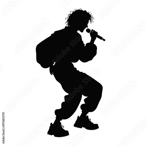 Black silhouette of a rapper, music icon, microphone vector, hip hop dancer