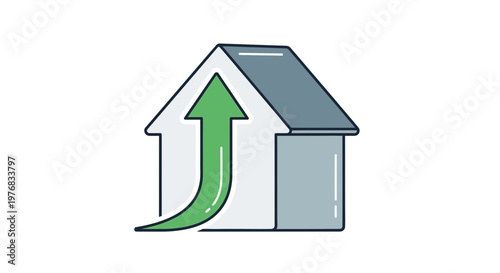 House with green upward arrow symbolizing growth and real estate increase