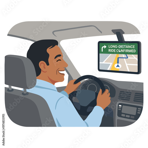 Man driving car with GPS navigation screen displaying long distance ride confirmed