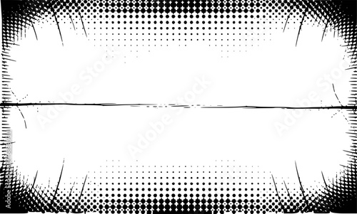 Abstract Black Halftone Dot Border with Jagged Edge and Horizontal Line Detail White